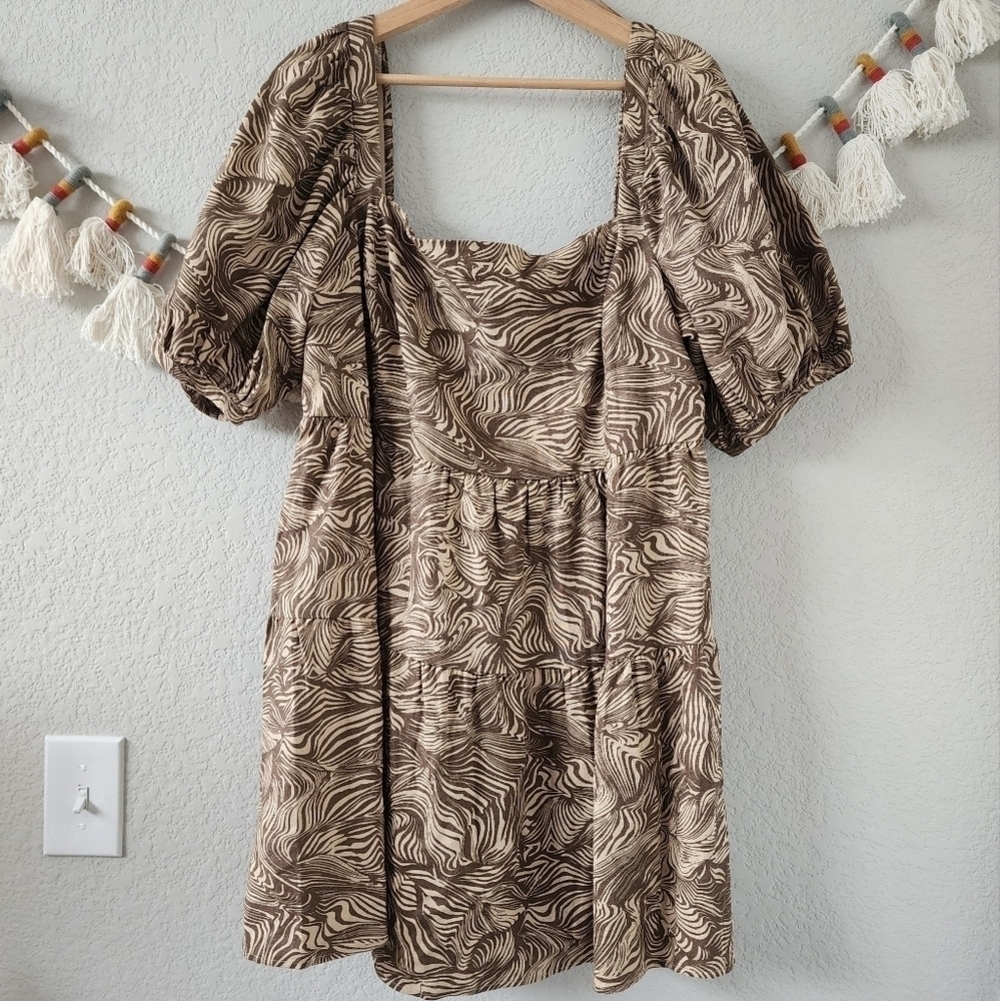 House Of Harlow Linen Blend Puff Sleeve Square Neck Swirl Babydoll Dress Boho XL